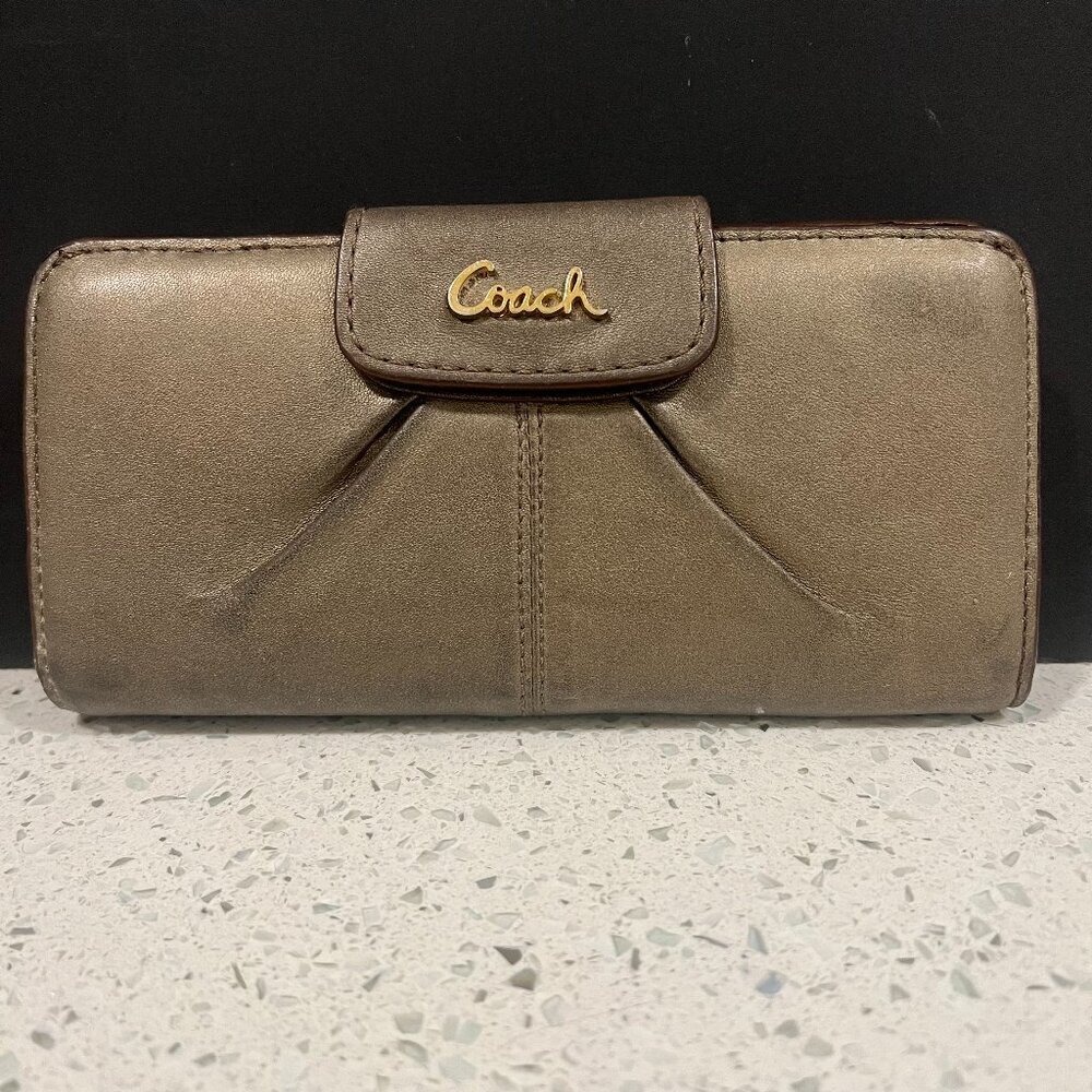COACH Leather Wallet Snap Closure Metallic Gold Designer Card Holder Purse